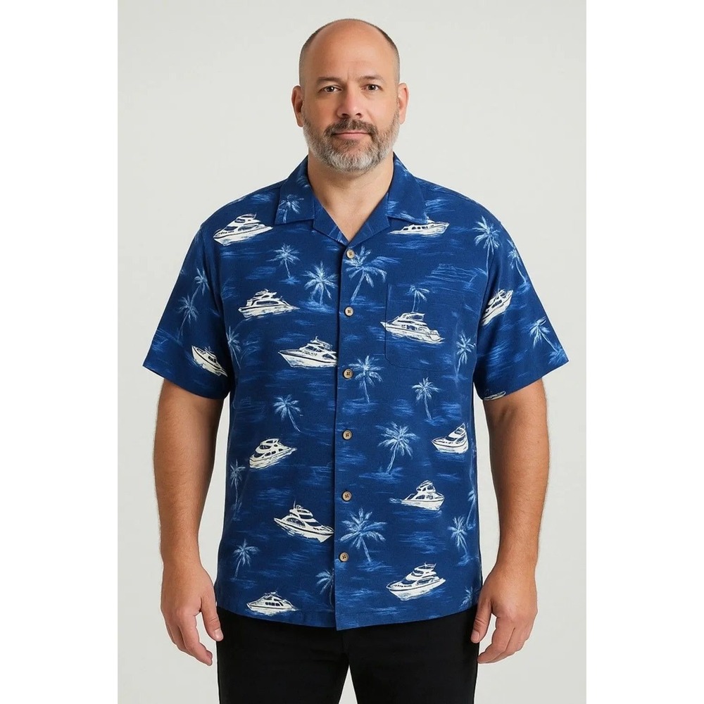 Caribbean‎ Men's L Silk Blend Short Sleeve Button Down Shirt Boat Print
